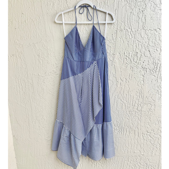 Tibi Sleeveless Collage Striped Halter Midi Dress Asymmetrical Blue Women's Sz 6 - Picture 3 of 9